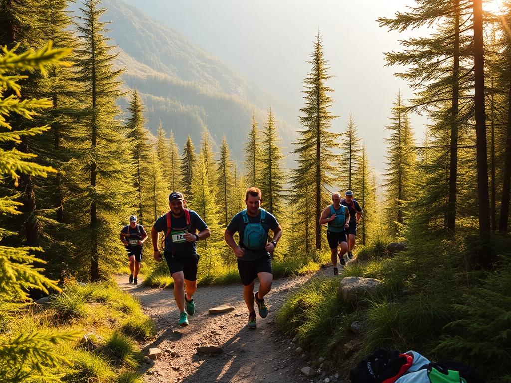 Coureurs SwissMove en montée sur un sentier de forêt alpine